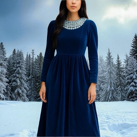 Vtg Lanz Blue Velvet Long Column Midi Dress Removable White Crochet Collar Sz XS - Picture 1 of 11